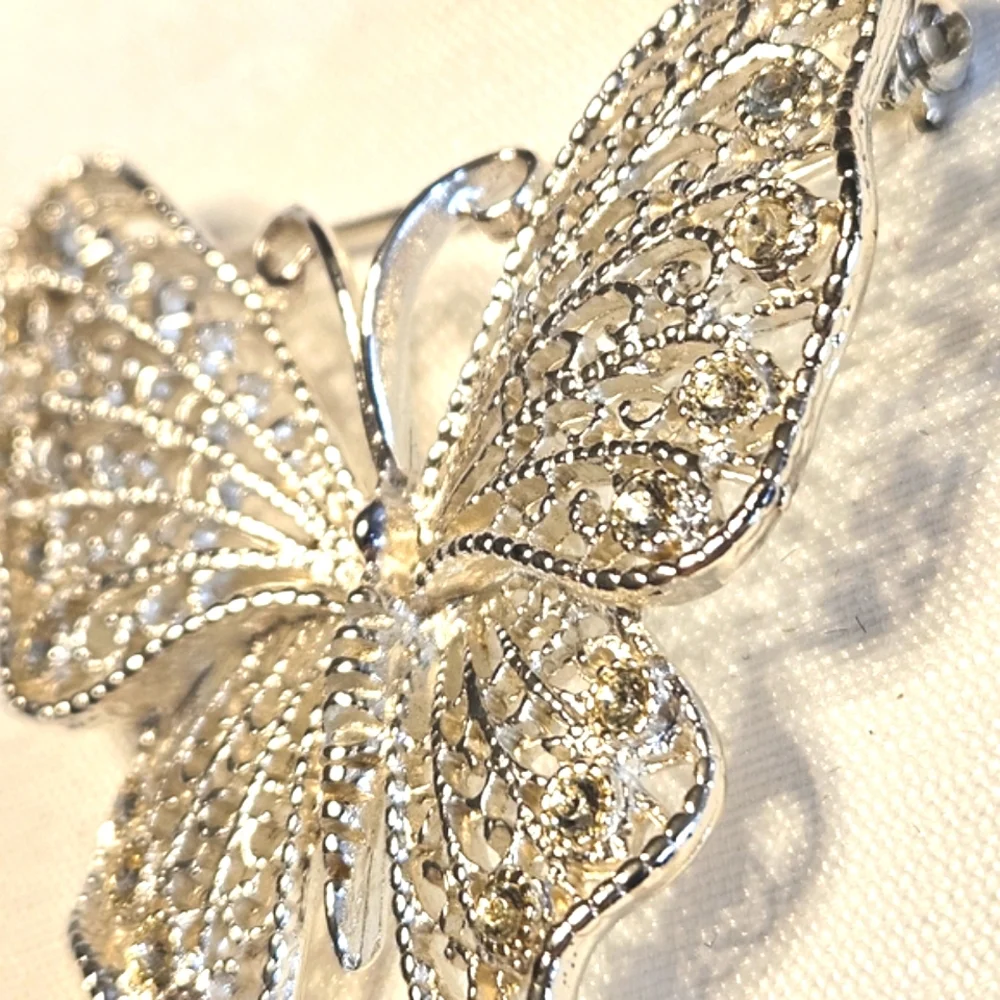 Vintage Silver Tone Rhinestone Filigree Butterfly Brooch